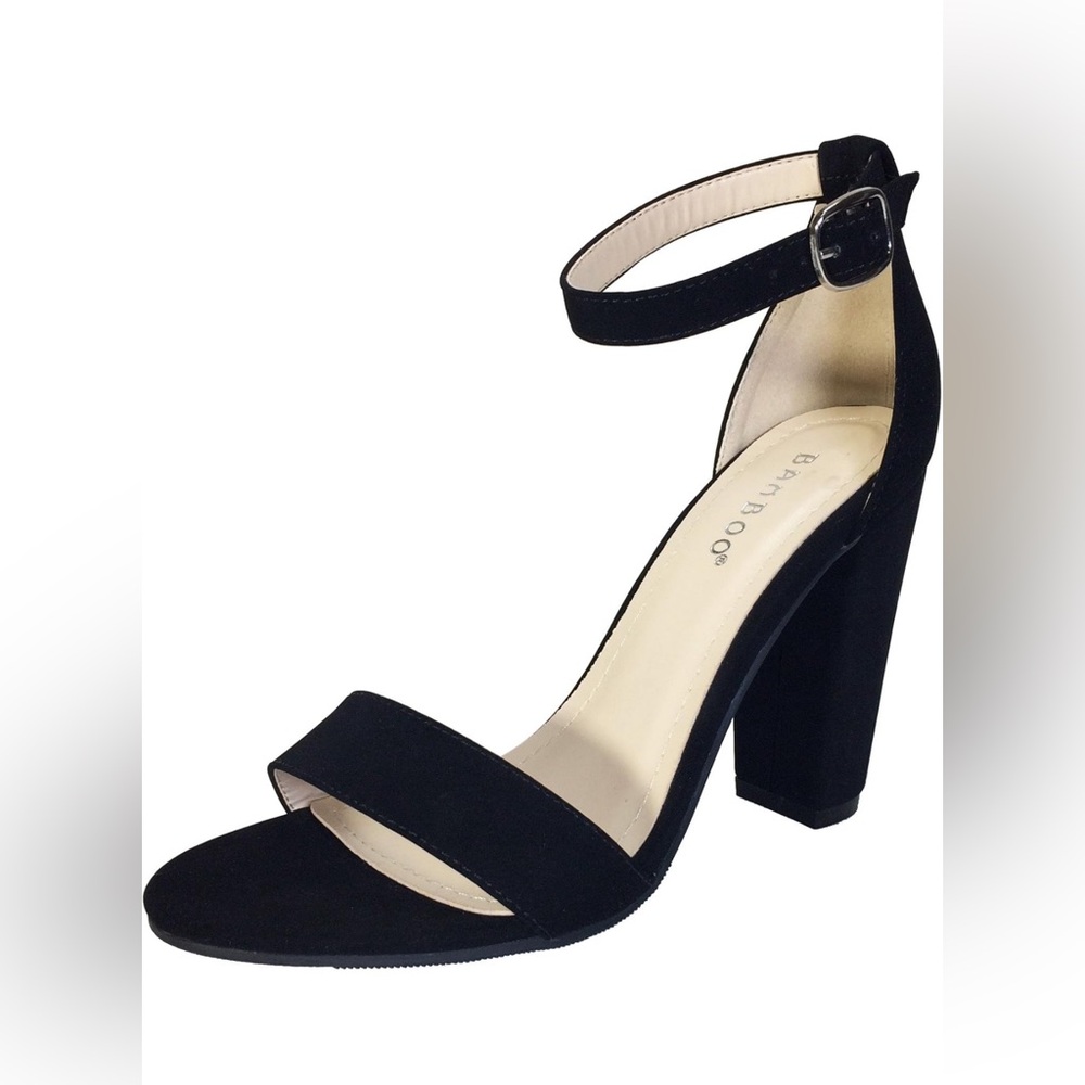 BAMBOO® Chunky Heel Sandal with Ankle Strap, Black Nubuck PU, 5.5 B US